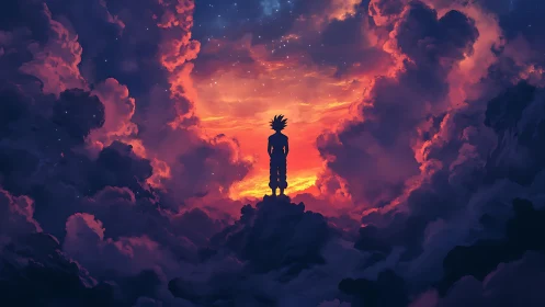 Silhouetted figure stands amid dense sunset cloud formation