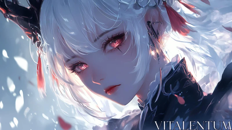 Soft white-haired spirit with glowing rose-colored eyes gazing out.