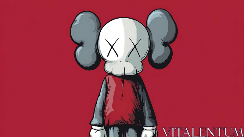 Flat-shaded skull-headed character on solid carmine backdrop