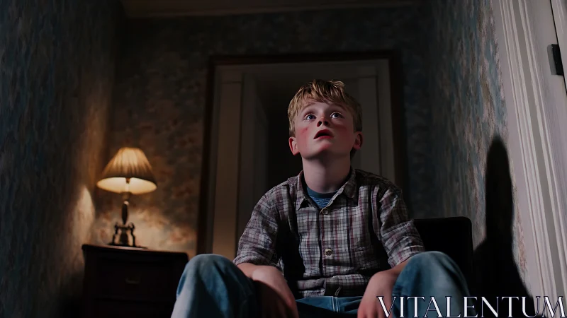 Boy bathed in lamplight stares upward in quiet suspense.