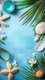Beach shells and palm leaves frame a summer flat lay scene.