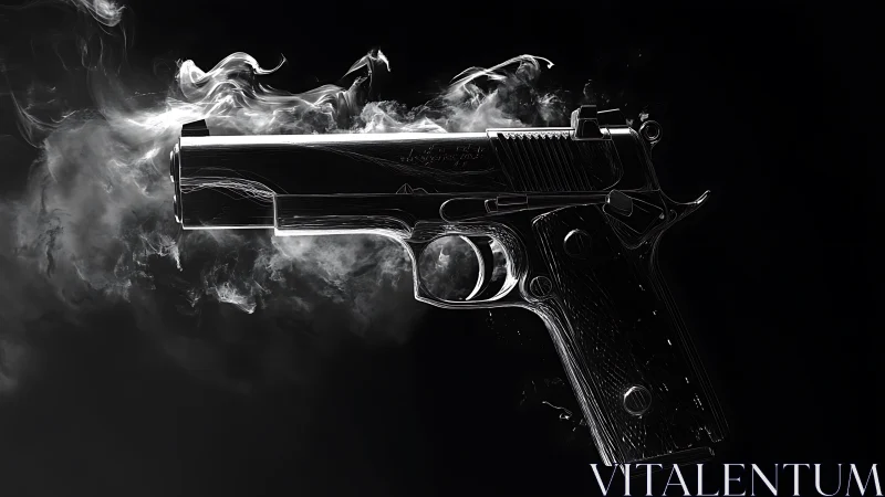 Smoking black handgun floats against deep dark background