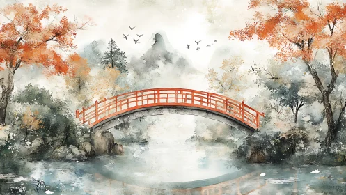 Red arched bridge over misty river in autumn forest scene