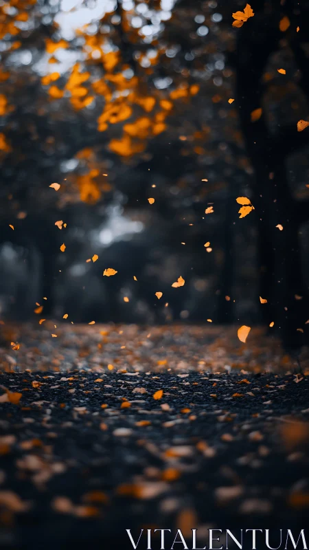 Golden leaves swirling above a dark forest pathway at dusk.