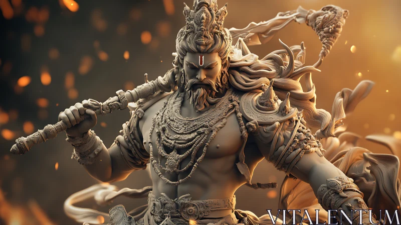 Mythic warrior rendered in ornate 3D sculptural detail