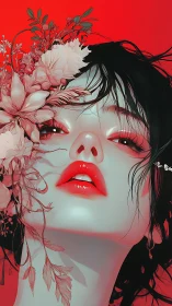 Digital portrait depicts stylized female face with floral elements