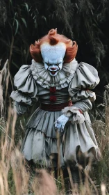 Photorealistic horror clown portrait in desaturated woodland mise-en-scene.