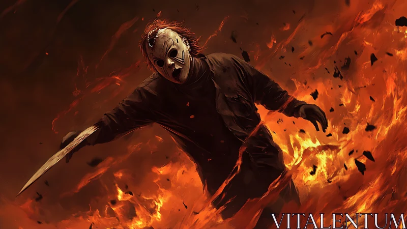 Masked knife-wielding figure walking through surrounding fire.