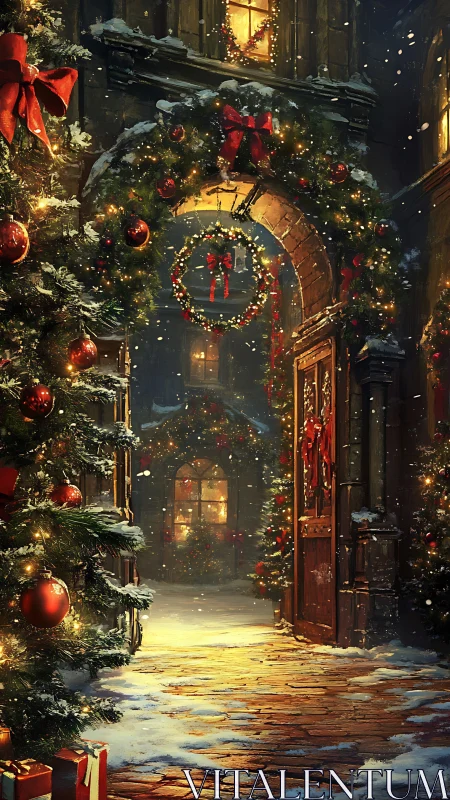 Snowy Christmas courtyard glows under festive archway lights