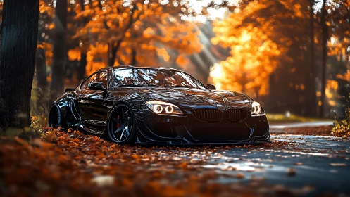 Lowered black sports car glides through glowing autumn forest.