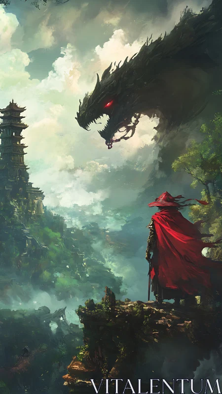 Red-cloaked warrior confronts colossal dragon above mist valley