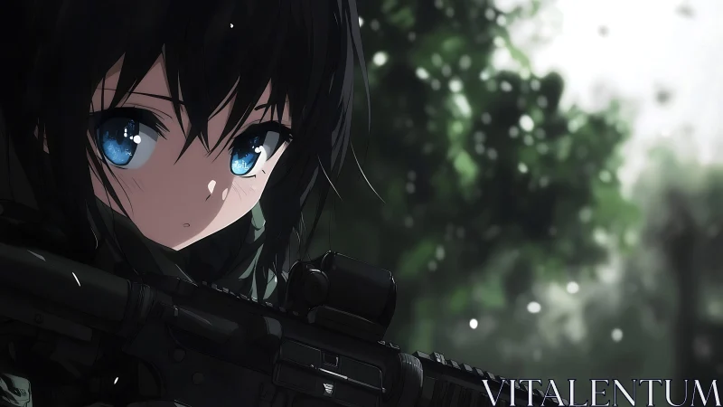 Silent anime sniper girl with luminous blue eyes poised.