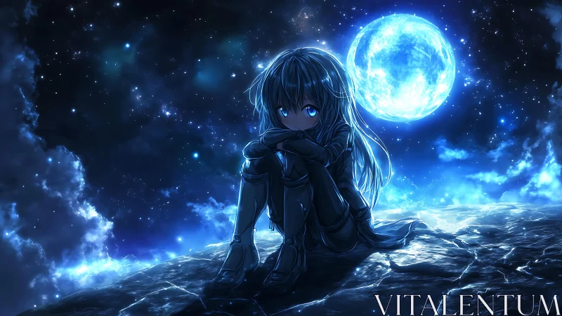 Luminous moonlit anime figure on fractured astral plateau.