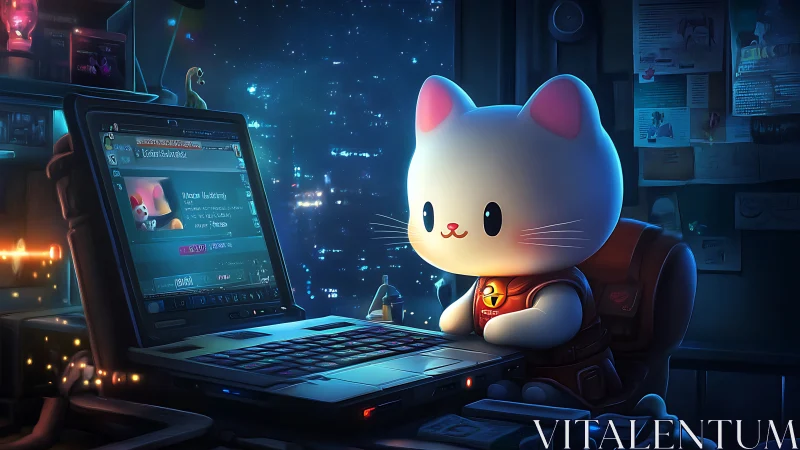 Cartoon cat operates laptop in dimly lit cyberpunk workspace