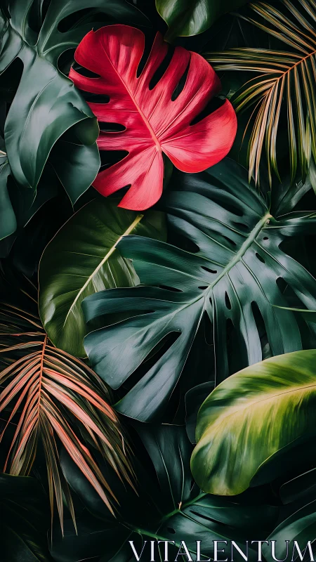 Red monstera leaf centered among layered tropical foliage