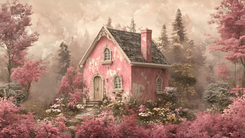 Whimsical pink cottage glows softly in a dreamy spring forest