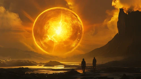 Colossal molten sphere dominates alien volcanic shoreline