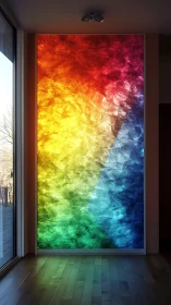 Translucent rainbow glass panel diffuses light in a modern interior