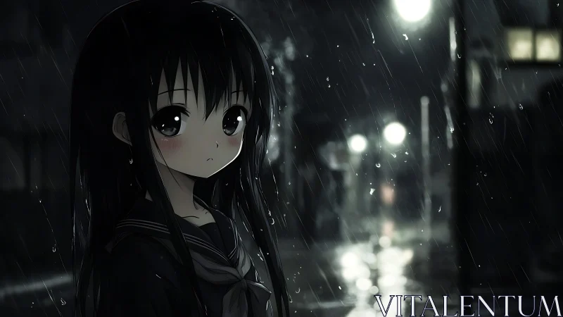 Rain-soaked midnight alley and quiet anime schoolgirl gaze.