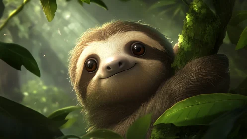 Smiling baby sloth grips mossy branch in soft jungle light