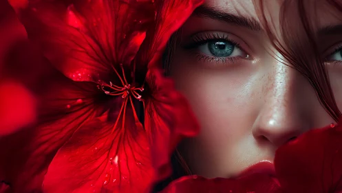 Crimson petals guard a storm-bright, hyperreal human gaze