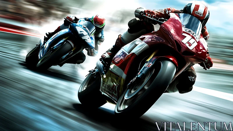 High speed motorcycle race with two riders in tight battle.