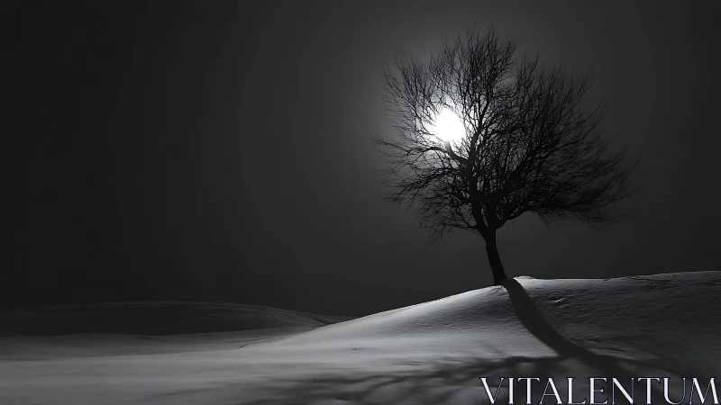 Solitary winter tree silhouettes starkly against lunar backlight