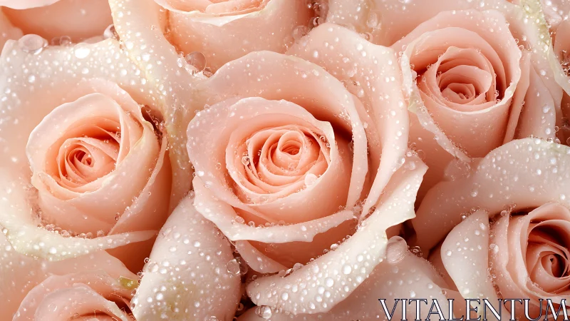 Peach Roses Glistening with Dew Drops.