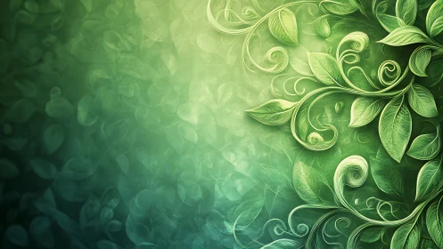 Green abstract foliage swirl on softly blurred background.