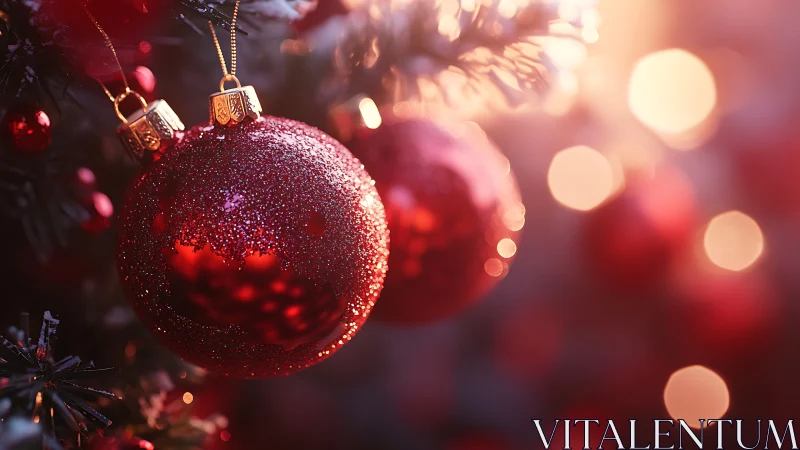 Glittering red Christmas bauble in warm festive bokeh glow.
