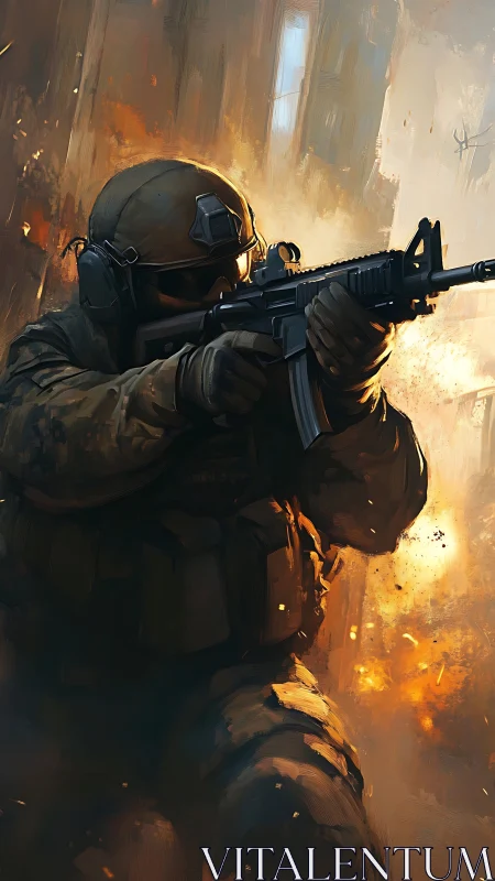 Urban inferno crowns a lone soldier in cinematic firelight