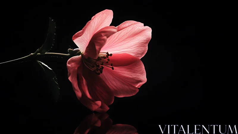 Low-key macro study isolates pink flower with directional rim lighting