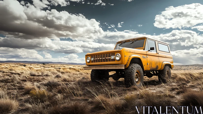 Yellow off road SUV parked on dry open grassland plains.