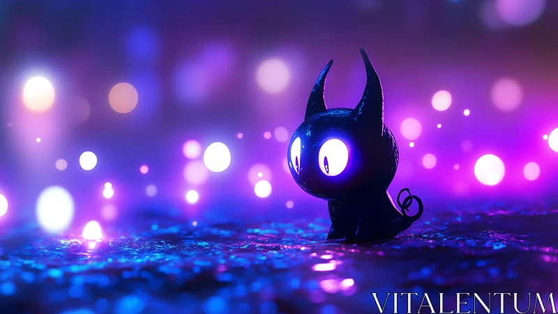 Bioluminescent chibi creature in neon bokeh landscape at night