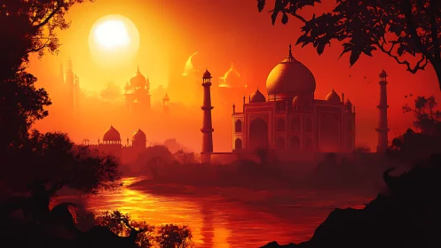 Sun-drenched domes drift through a molten river of evening fire