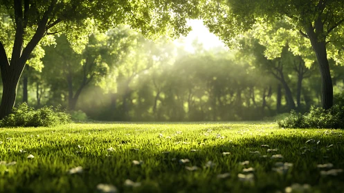 Sunlit forest clearing with lush green grass and trees.