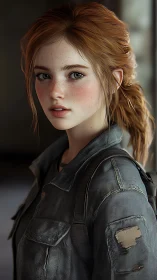 Red-haired survivor girl gazes ahead in worn jacket portrait.