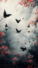 Midnight butterflies drift through crimson forest mist