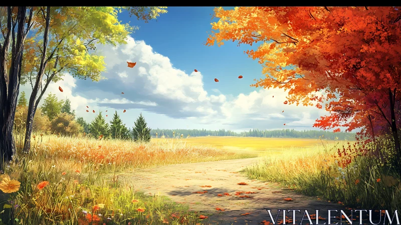 Autumn country path under vivid blue sky and drifting leaves.