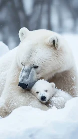 Adult polar bear with cub resting in snowy environment.