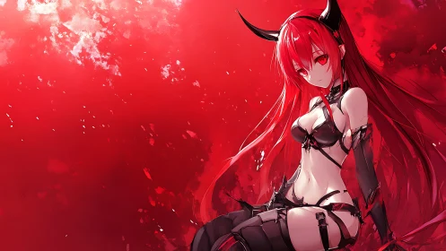 Red monochrome anime demon girl sits in fragmented space