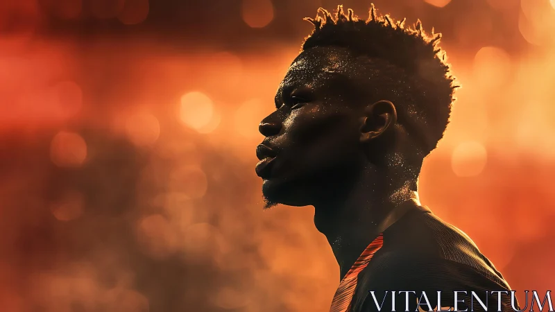 Sweating football player in profile under intense stadium lights