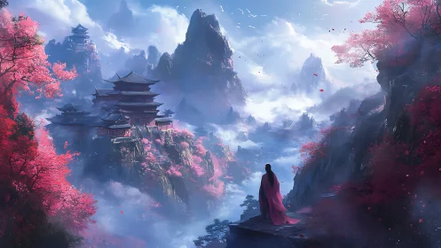 Solitary figure overlooking misty temples and peaks.