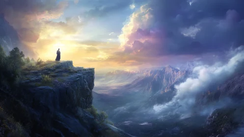 Solitary observer on stratified cliff under luminous stormfront.