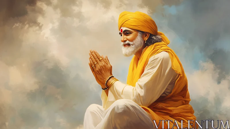 Gentle sage in saffron robes resting within soft daylight clouds.