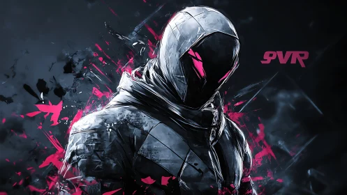 Shrouded cyber rogue stands in neon pink digital storm