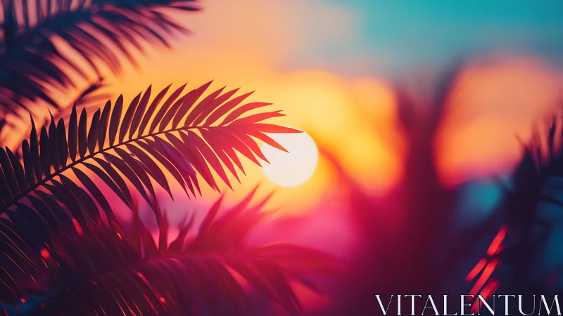 Tropical palm silhouettes glow against a dreamy neon sunset sky