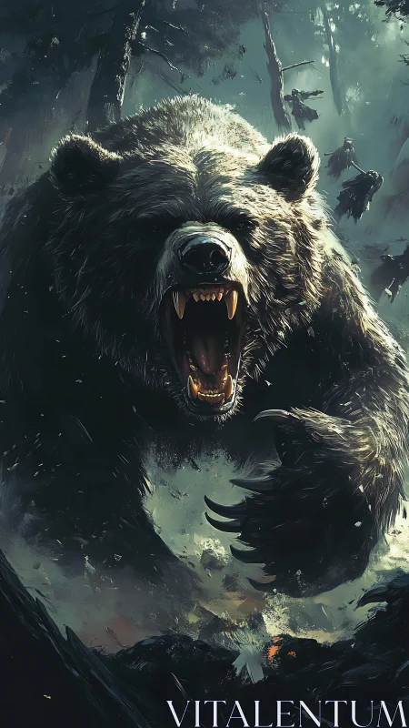 Roaring grizzly charges forward through fractured forest light