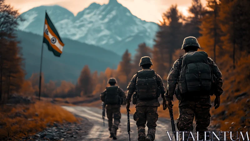 Indian soldiers on autumn mountain patrol at sunrise.