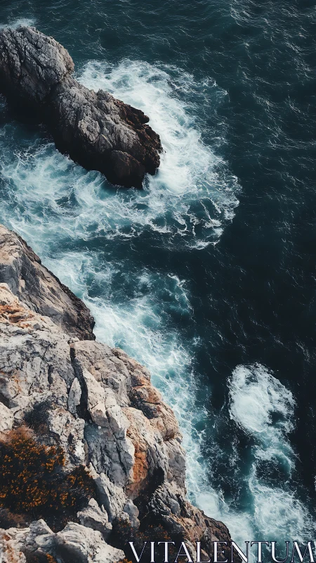 Vertical aerial view maps wave turbulence along rugged limestone coast